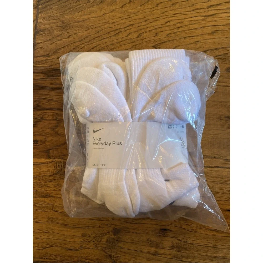 Nike Everyday Plus Dri Fit Cotton Cushion Crew Socks White 6 Pack M 8-12 W 10-13